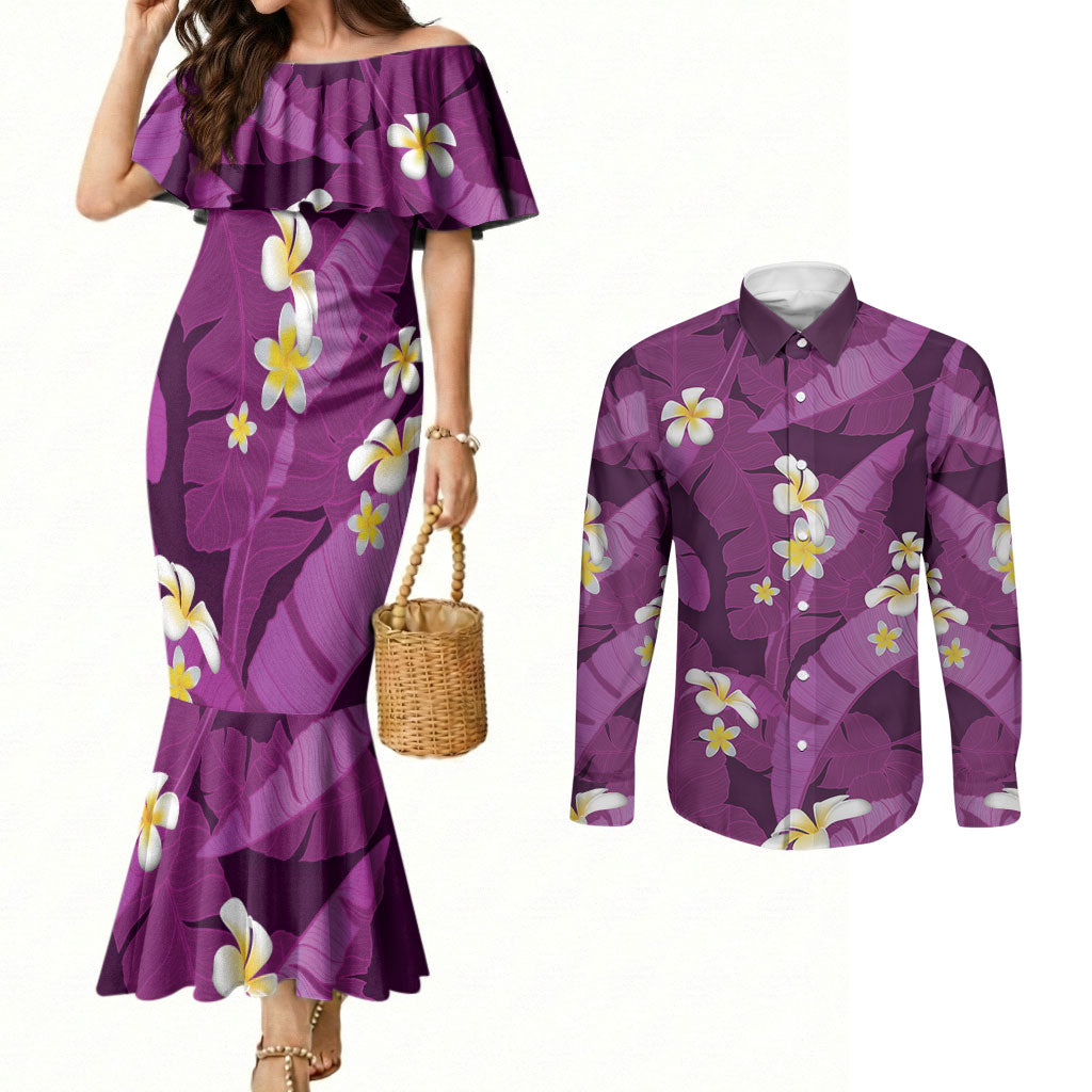 Purple Banana Leaf Hawaii Couples Matching Mermaid Dress and Long Sleeve Button Shirt Lau Maia Plumeria Tropical Summer Vibes