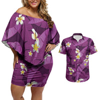 Purple Banana Leaf Hawaii Couples Matching Off Shoulder Short Dress and Hawaiian Shirt Lau Maia Plumeria Tropical Summer Vibes