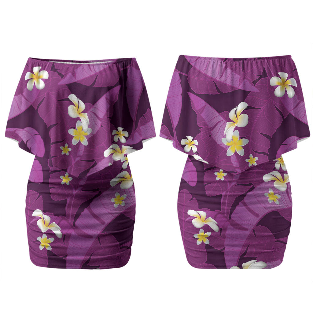 Purple Banana Leaf Hawaii Couples Matching Off Shoulder Short Dress and Long Sleeve Button Shirt Lau Maia Plumeria Tropical Summer Vibes