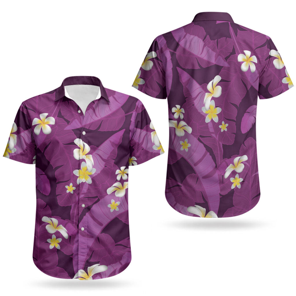 Purple Banana Leaf Hawaii Couples Matching Puletasi and Hawaiian Shirt Lau Maia Plumeria Tropical Summer Vibes