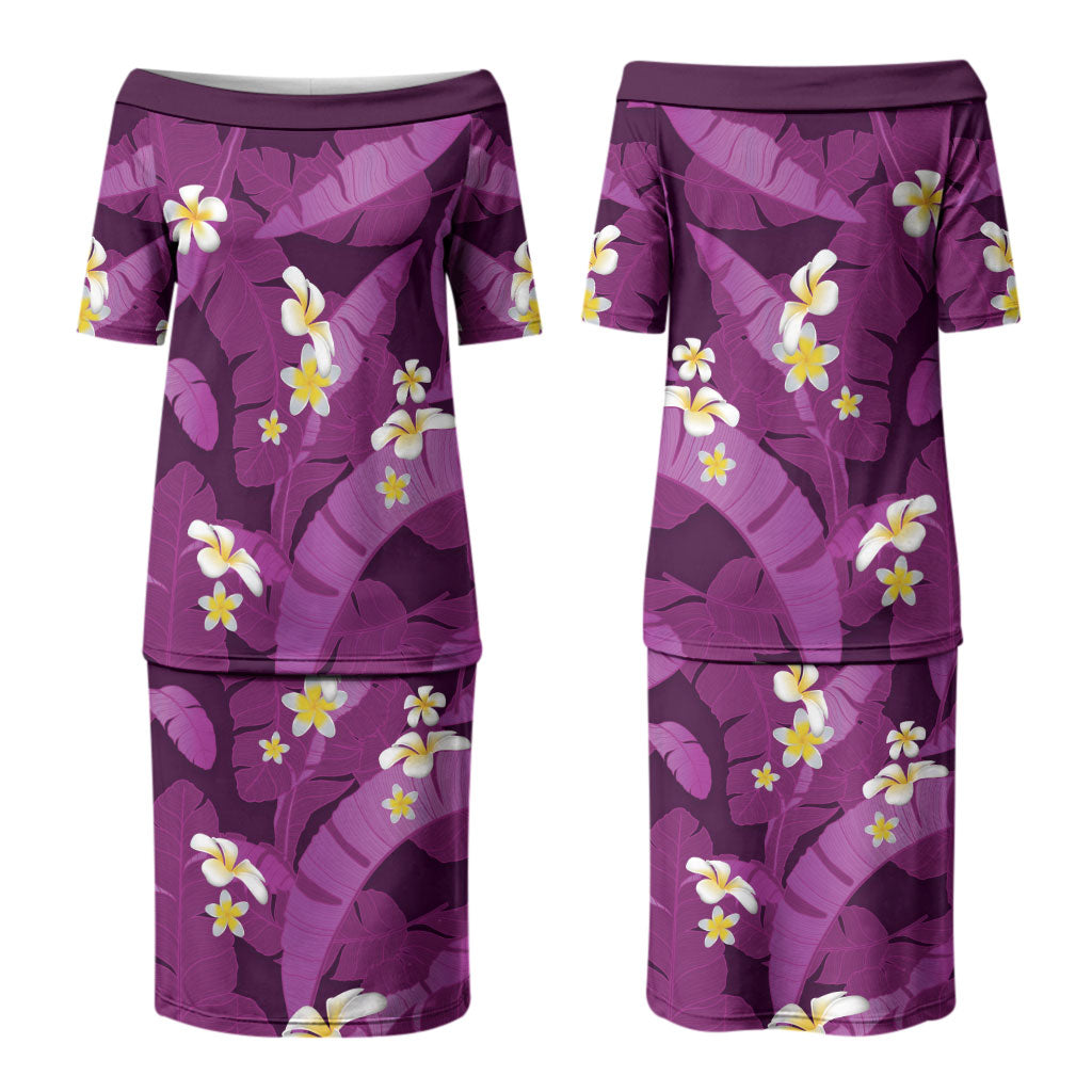 Purple Banana Leaf Hawaii Couples Matching Puletasi and Long Sleeve Button Shirt Lau Maia Plumeria Tropical Summer Vibes