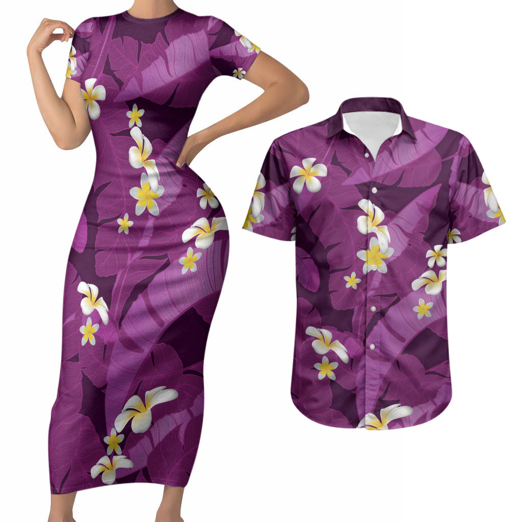 Purple Banana Leaf Hawaii Couples Matching Short Sleeve Bodycon Dress and Hawaiian Shirt Lau Maia Plumeria Tropical Summer Vibes