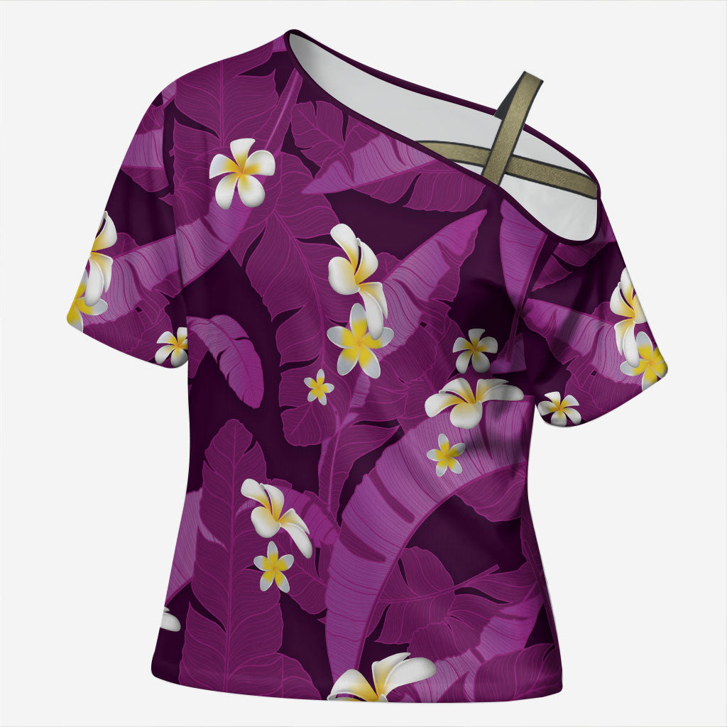 Purple Banana Leaf Hawaii Cross Shoulder Shirt Lau Maia Plumeria Tropical Summer Vibes