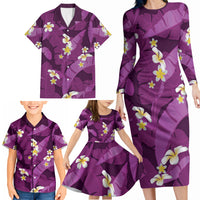 Purple Banana Leaf Hawaii Family Matching Long Sleeve Bodycon Dress and Hawaiian Shirt Lau Maia Plumeria Tropical Summer Vibes