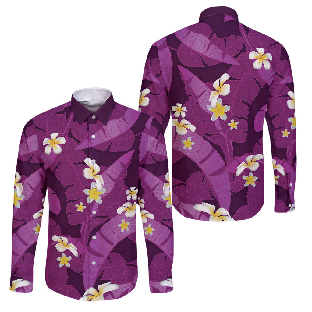 Purple Banana Leaf Hawaii Family Matching Long Sleeve Bodycon Dress and Hawaiian Shirt Lau Maia Plumeria Tropical Summer Vibes
