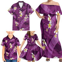 Purple Banana Leaf Hawaii Family Matching Off Shoulder Maxi Dress and Hawaiian Shirt Lau Maia Plumeria Tropical Summer Vibes