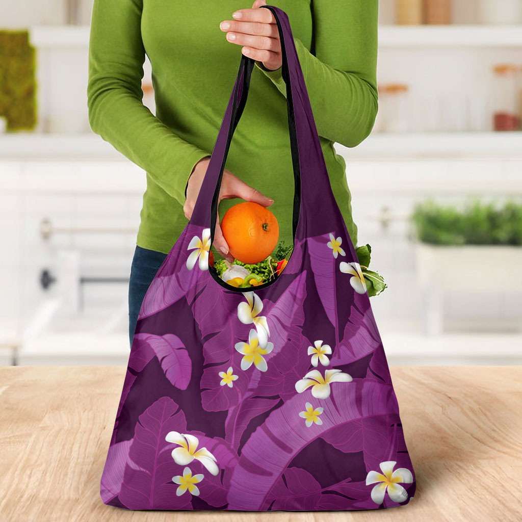 Purple Banana Leaf Hawaii Grocery Bag Lau Maia Plumeria Tropical Summer Vibes