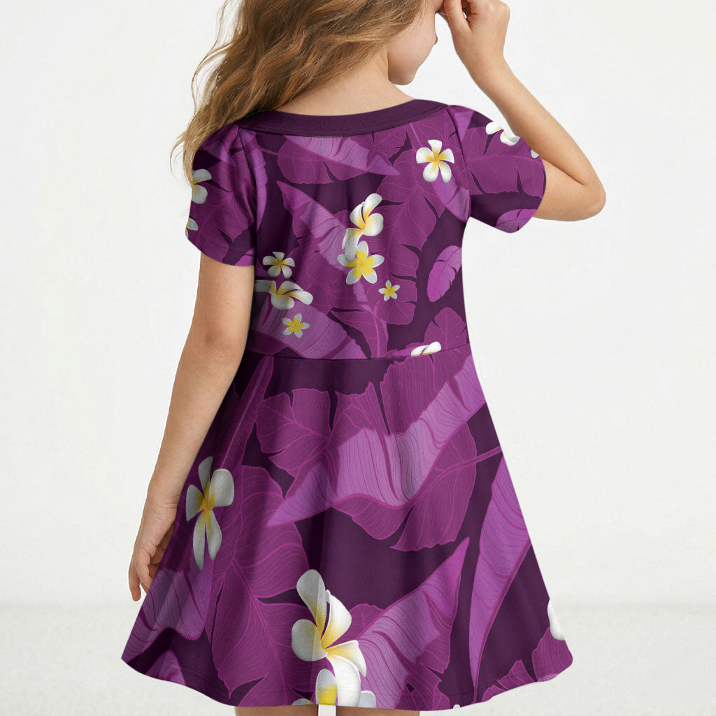 Purple Banana Leaf Hawaii Kid Short Sleeve Dress Lau Maia Plumeria Tropical Summer Vibes