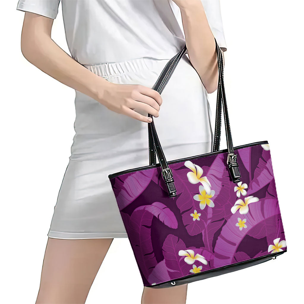 Purple Banana Leaf Hawaii Leather Tote Bag Lau Maia Plumeria Tropical Summer Vibes