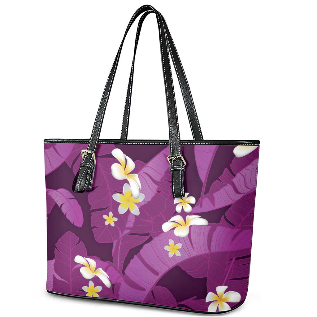 Purple Banana Leaf Hawaii Leather Tote Bag Lau Maia Plumeria Tropical Summer Vibes
