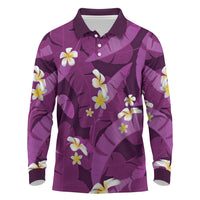 Purple Banana Leaf Hawaii Long Sleeve Polo Shirt Lau Maia Plumeria Tropical Summer Vibes
