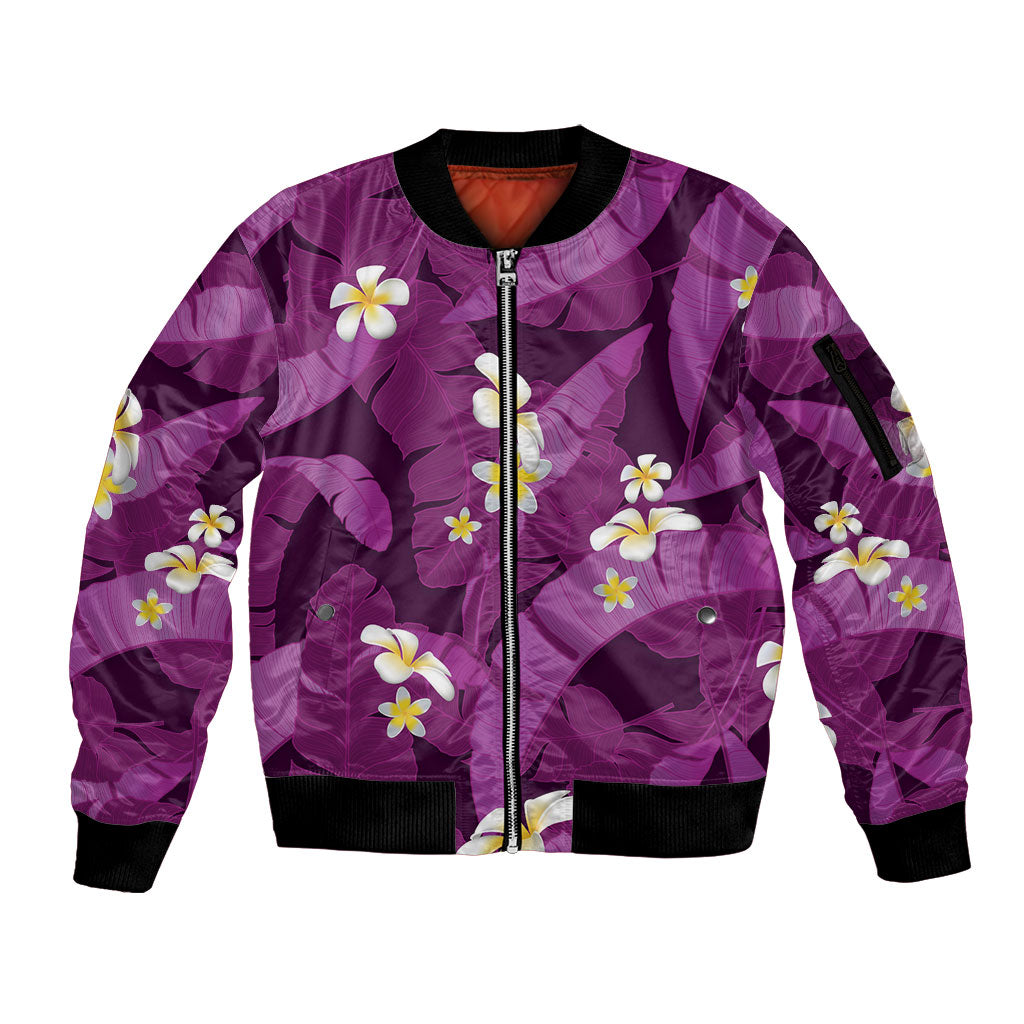 Purple Banana Leaf Hawaii Sleeve Zip Bomber Jacket Lau Maia Plumeria Tropical Summer Vibes