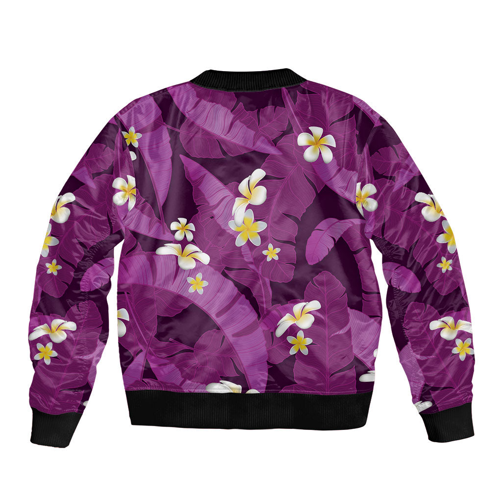 Purple Banana Leaf Hawaii Sleeve Zip Bomber Jacket Lau Maia Plumeria Tropical Summer Vibes