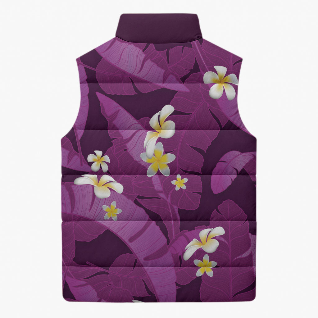 Purple Banana Leaf Hawaii Sleeveless Puffer Jacket Lau Maia Plumeria Tropical Summer Vibes