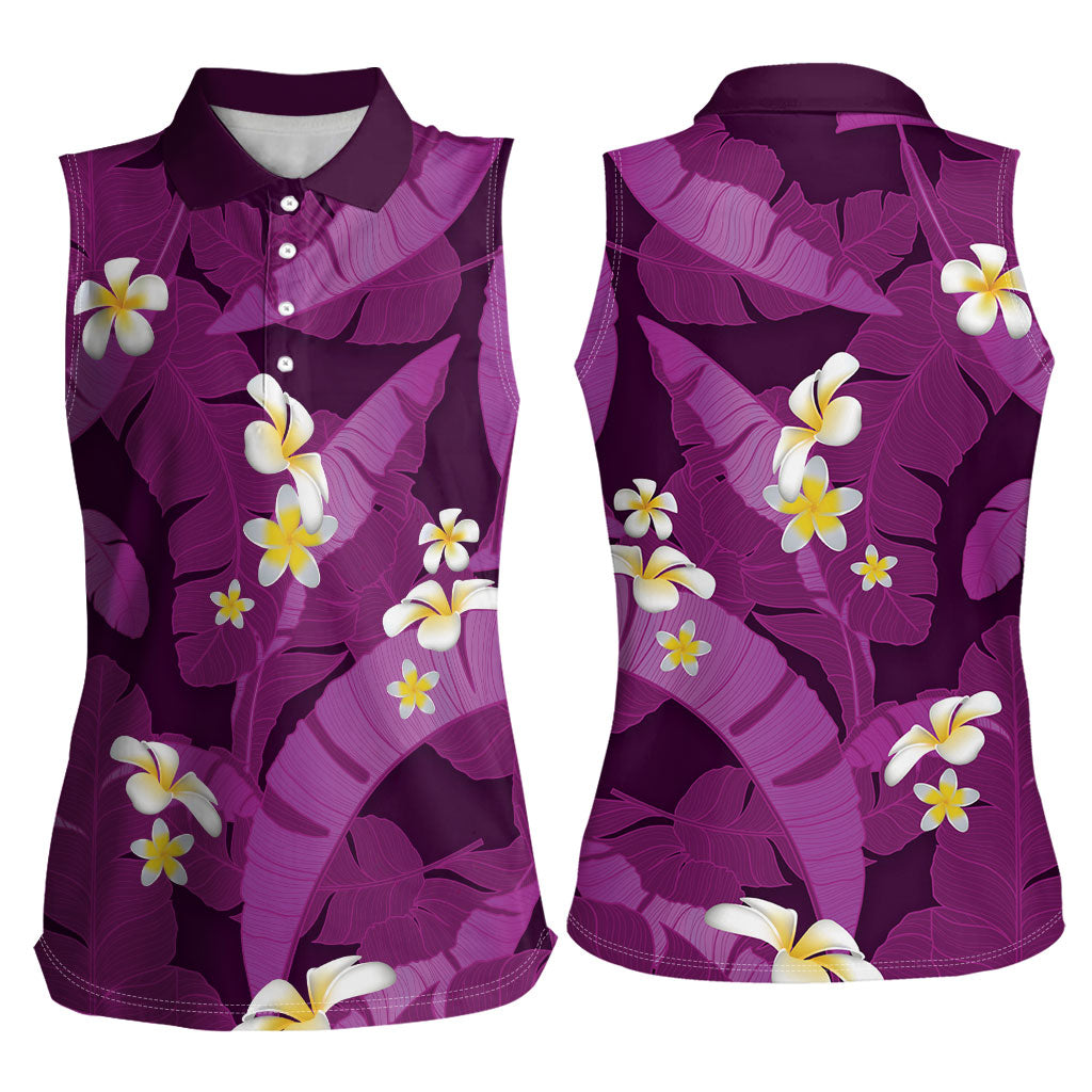 Purple Banana Leaf Hawaii Women Sleeveless Polo Shirt Lau Maia Plumeria Tropical Summer Vibes