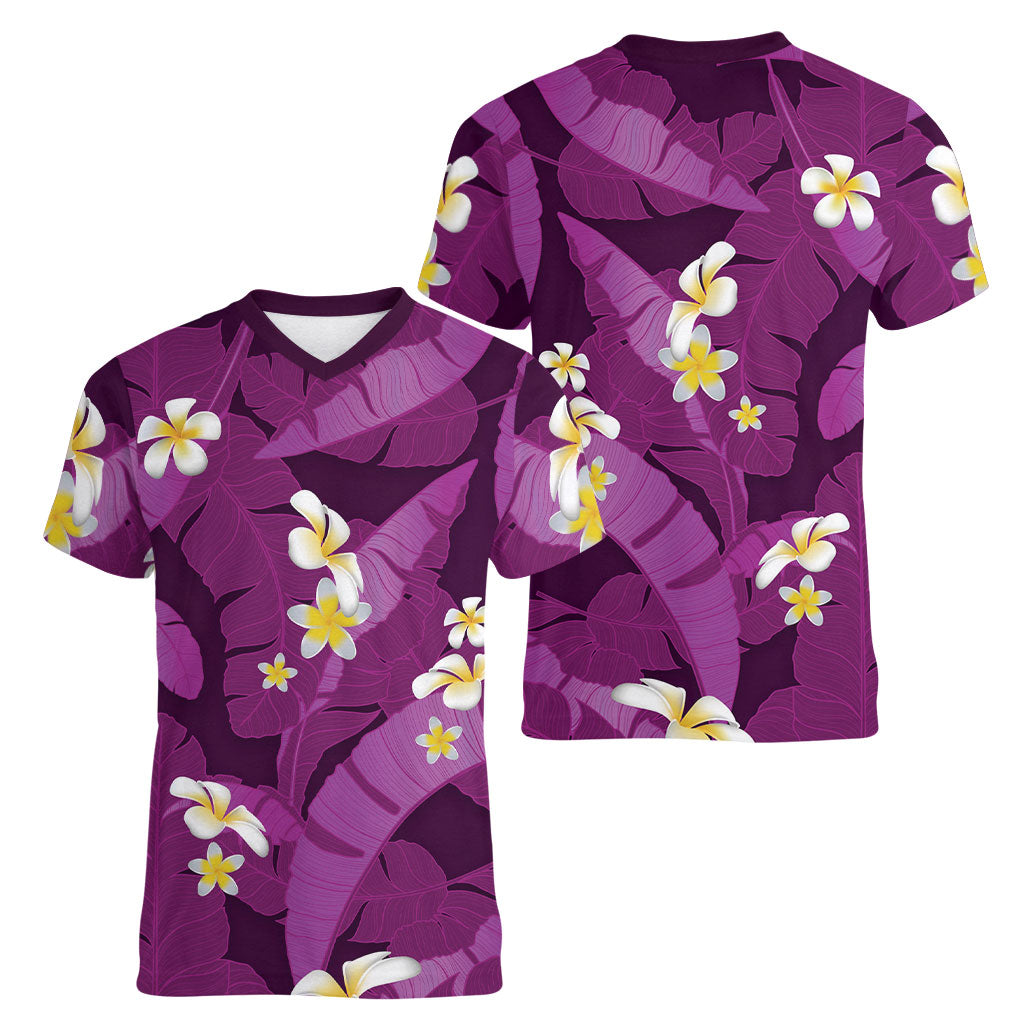 Purple Banana Leaf Hawaii Women V-Neck T-Shirt Lau Maia Plumeria Tropical Summer Vibes