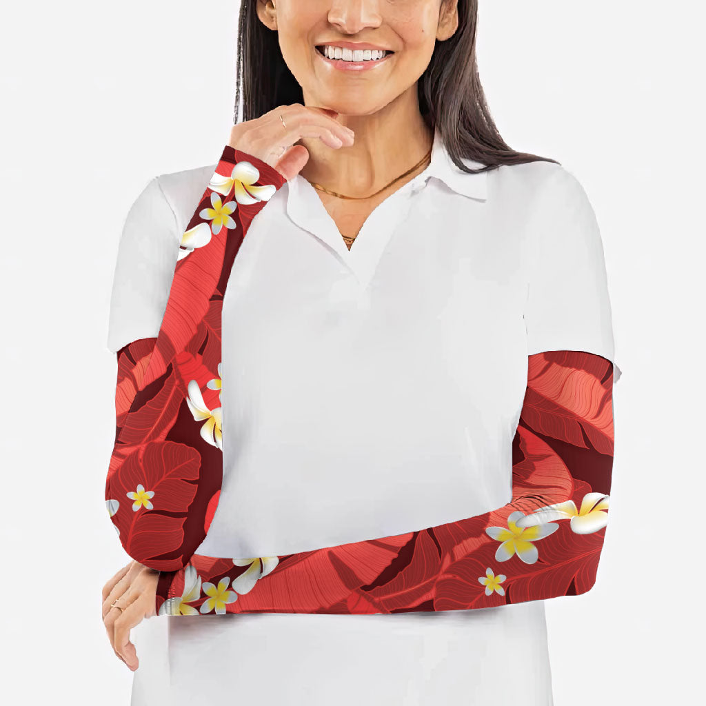 Red Banana Leaf Hawaii Arm Sleeves Lau Maia Plumeria Tropical Summer Vibes