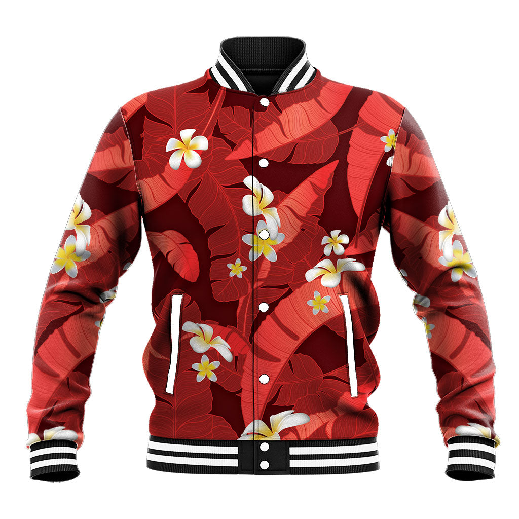 Red Banana Leaf Hawaii Baseball Jacket Lau Maia Plumeria Tropical Summer Vibes