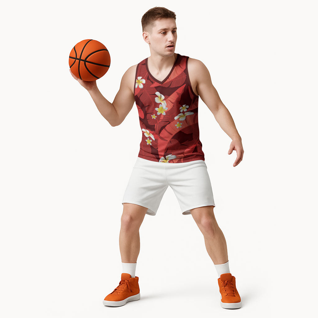 Red Banana Leaf Hawaii Basketball Jersey Lau Maia Plumeria Tropical Summer Vibes