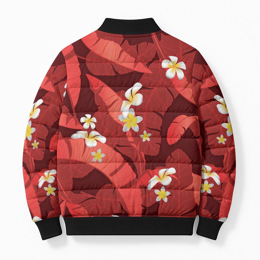 Red Banana Leaf Hawaii Bomber Puffer Jacket Lau Maia Plumeria Tropical Summer Vibes