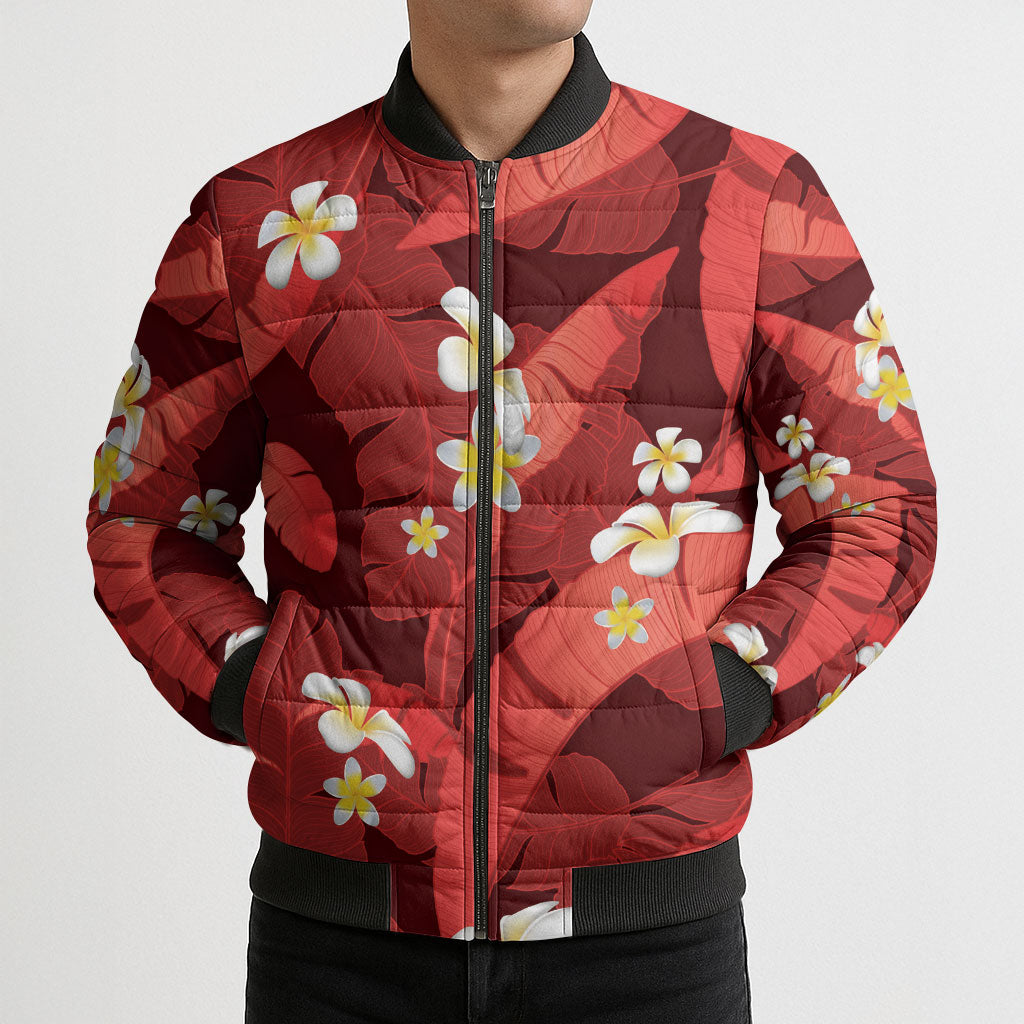 Red Banana Leaf Hawaii Bomber Puffer Jacket Lau Maia Plumeria Tropical Summer Vibes