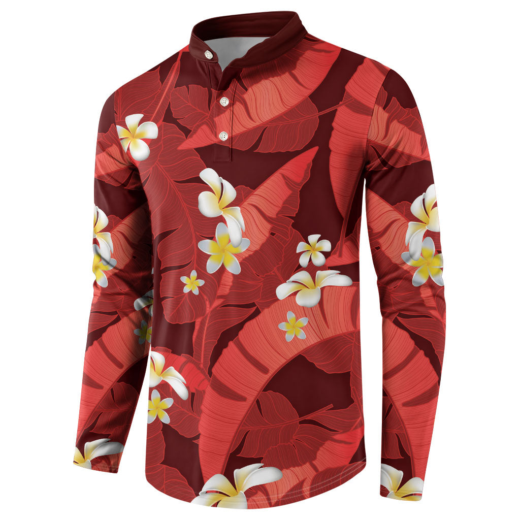 Red Banana Leaf Hawaii Button Sweatshirt Lau Maia Plumeria Tropical Summer Vibes