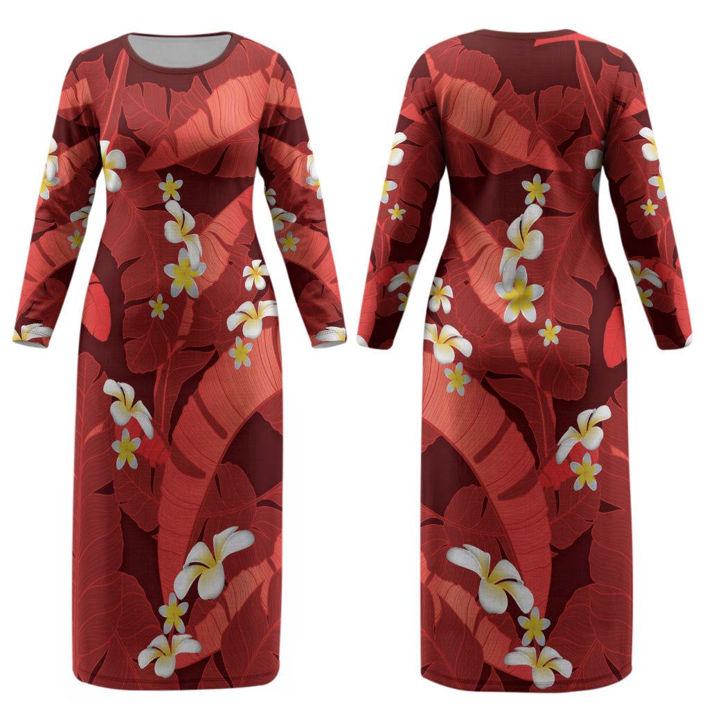 Red Banana Leaf Hawaii Couples Matching Long Sleeve Bodycon Dress and Hawaiian Shirt Lau Maia Plumeria Tropical Summer Vibes