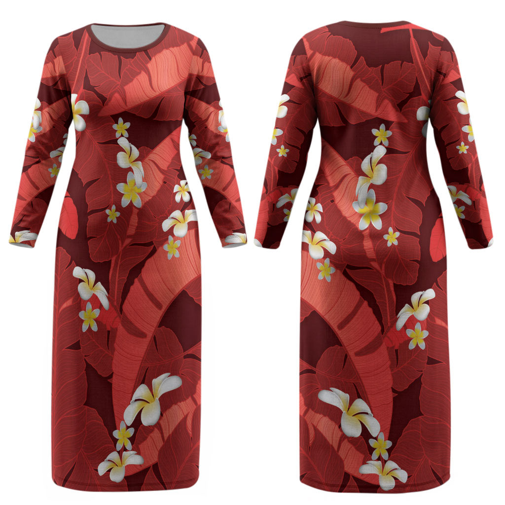 Red Banana Leaf Hawaii Couples Matching Long Sleeve Bodycon Dress and Long Sleeve Button Shirt Lau Maia Plumeria Tropical Summer Vibes