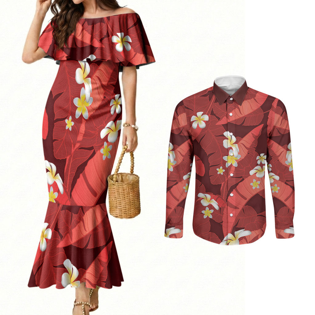Red Banana Leaf Hawaii Couples Matching Mermaid Dress and Long Sleeve Button Shirt Lau Maia Plumeria Tropical Summer Vibes