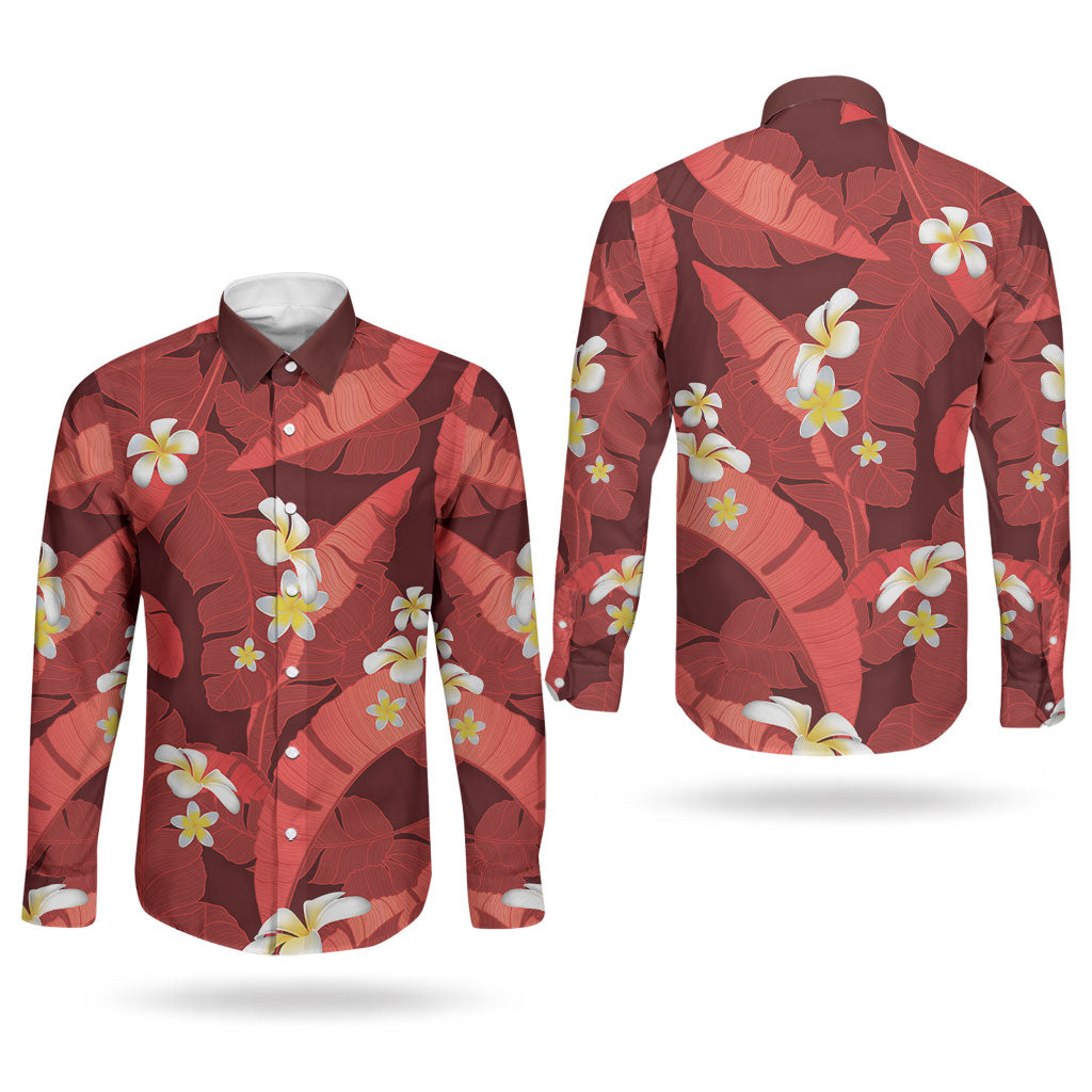 Red Banana Leaf Hawaii Couples Matching Mermaid Dress and Long Sleeve Button Shirt Lau Maia Plumeria Tropical Summer Vibes