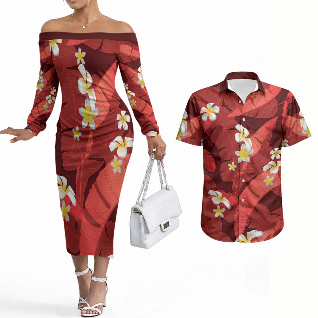 Red Banana Leaf Hawaii Couples Matching Off The Shoulder Long Sleeve Dress and Hawaiian Shirt Lau Maia Plumeria Tropical Summer Vibes