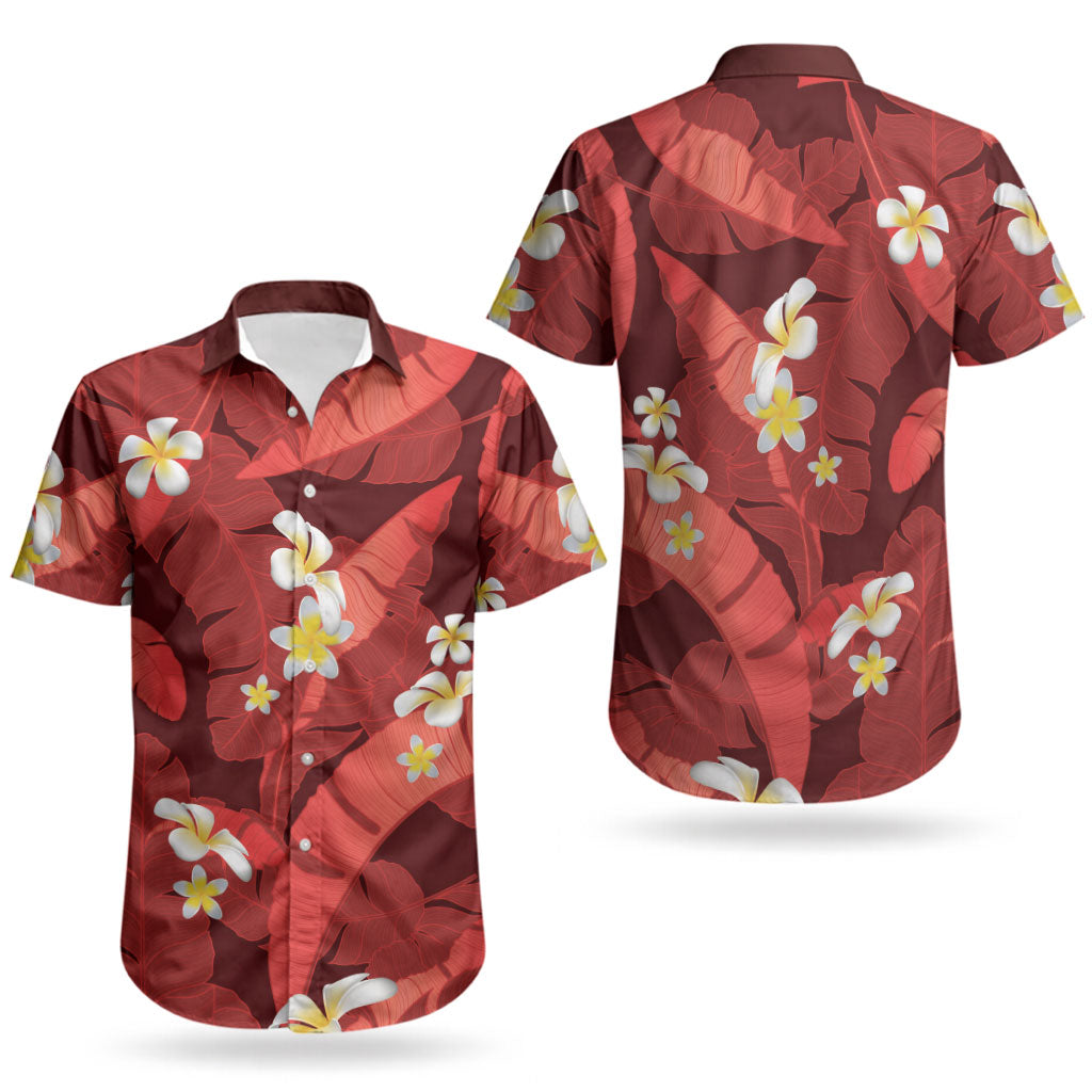 Red Banana Leaf Hawaii Couples Matching Short Sleeve Bodycon Dress and Hawaiian Shirt Lau Maia Plumeria Tropical Summer Vibes