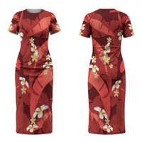 Red Banana Leaf Hawaii Couples Matching Short Sleeve Bodycon Dress and Long Sleeve Button Shirt Lau Maia Plumeria Tropical Summer Vibes