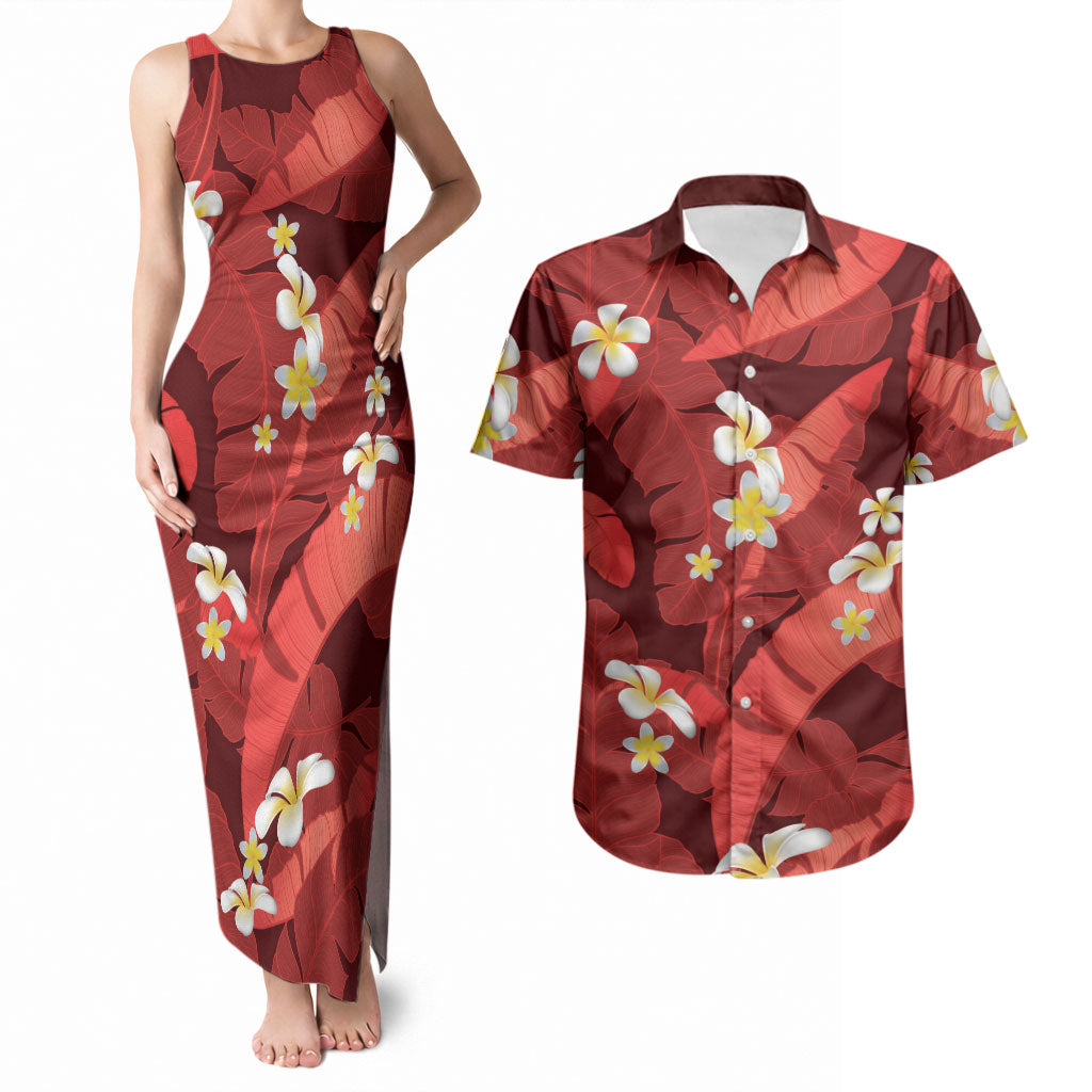 Red Banana Leaf Hawaii Couples Matching Tank Maxi Dress and Hawaiian Shirt Lau Maia Plumeria Tropical Summer Vibes LT14 Red - Polynesian Pride