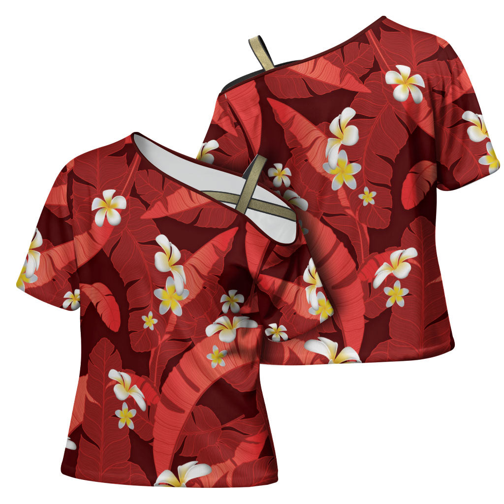 Red Banana Leaf Hawaii Cross Shoulder Shirt Lau Maia Plumeria Tropical Summer Vibes