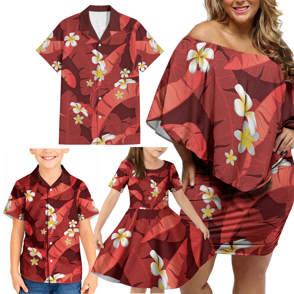 Red Banana Leaf Hawaii Family Matching Off Shoulder Short Dress and Hawaiian Shirt Lau Maia Plumeria Tropical Summer Vibes LT14 - Polynesian Pride