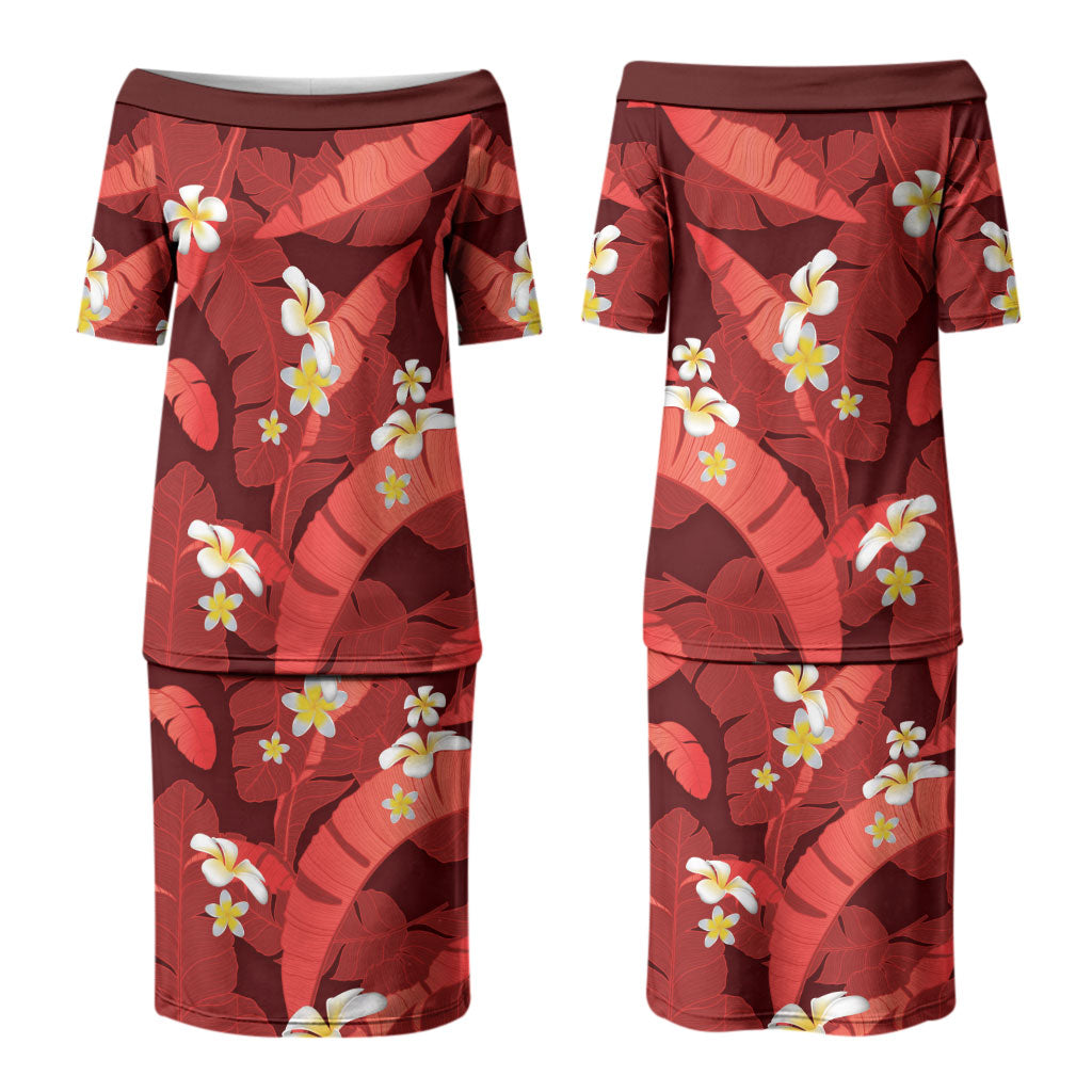 Red Banana Leaf Hawaii Family Matching Puletasi and Hawaiian Shirt Lau Maia Plumeria Tropical Summer Vibes