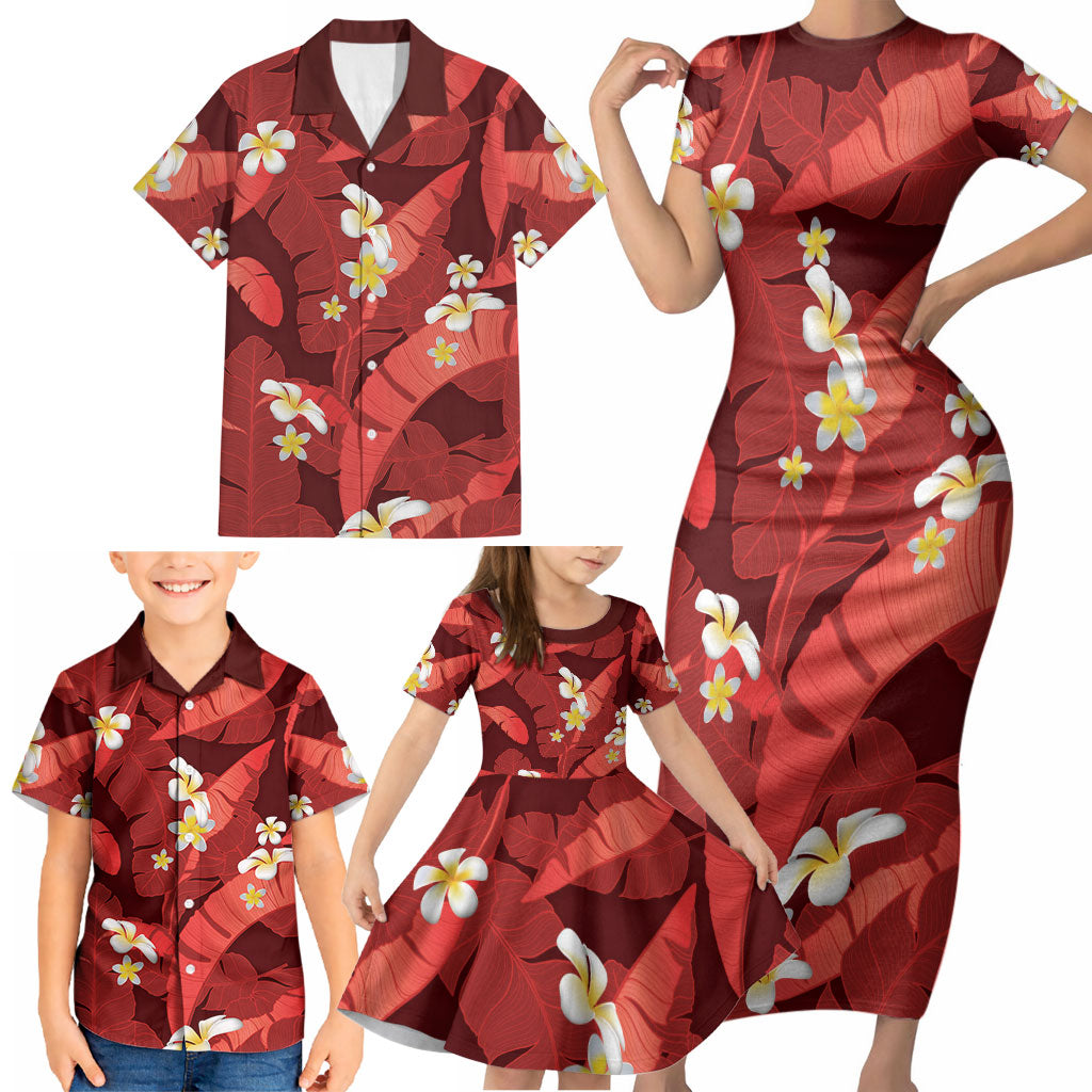 Red Banana Leaf Hawaii Family Matching Short Sleeve Bodycon Dress and Hawaiian Shirt Lau Maia Plumeria Tropical Summer Vibes LT14 - Polynesian Pride