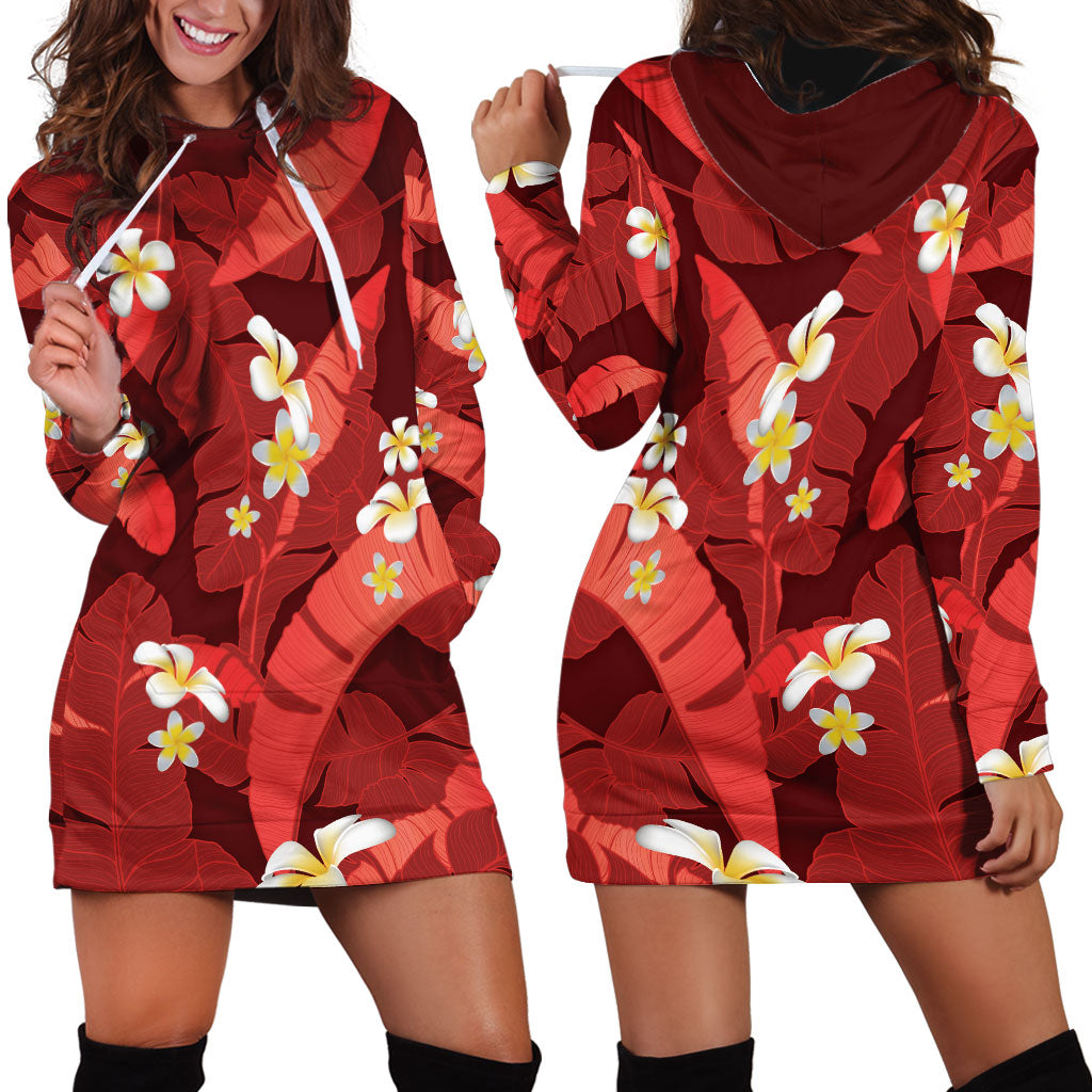 Red Banana Leaf Hawaii Hoodie Dress Lau Maia Plumeria Tropical Summer Vibes