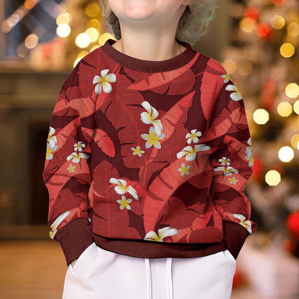 Red Banana Leaf Hawaii Kid Ugly Christmas Sweater Lau Maia Plumeria Tropical Summer Vibes