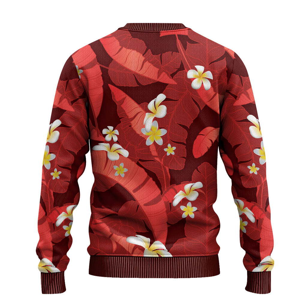 Red Banana Leaf Hawaii Ugly Christmas Sweater Lau Maia Plumeria Tropical Summer Vibes