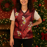 Red Banana Leaf Hawaii Christmas Knitted V-Neck Vest Lau Maia Plumeria Tropical Summer Vibes