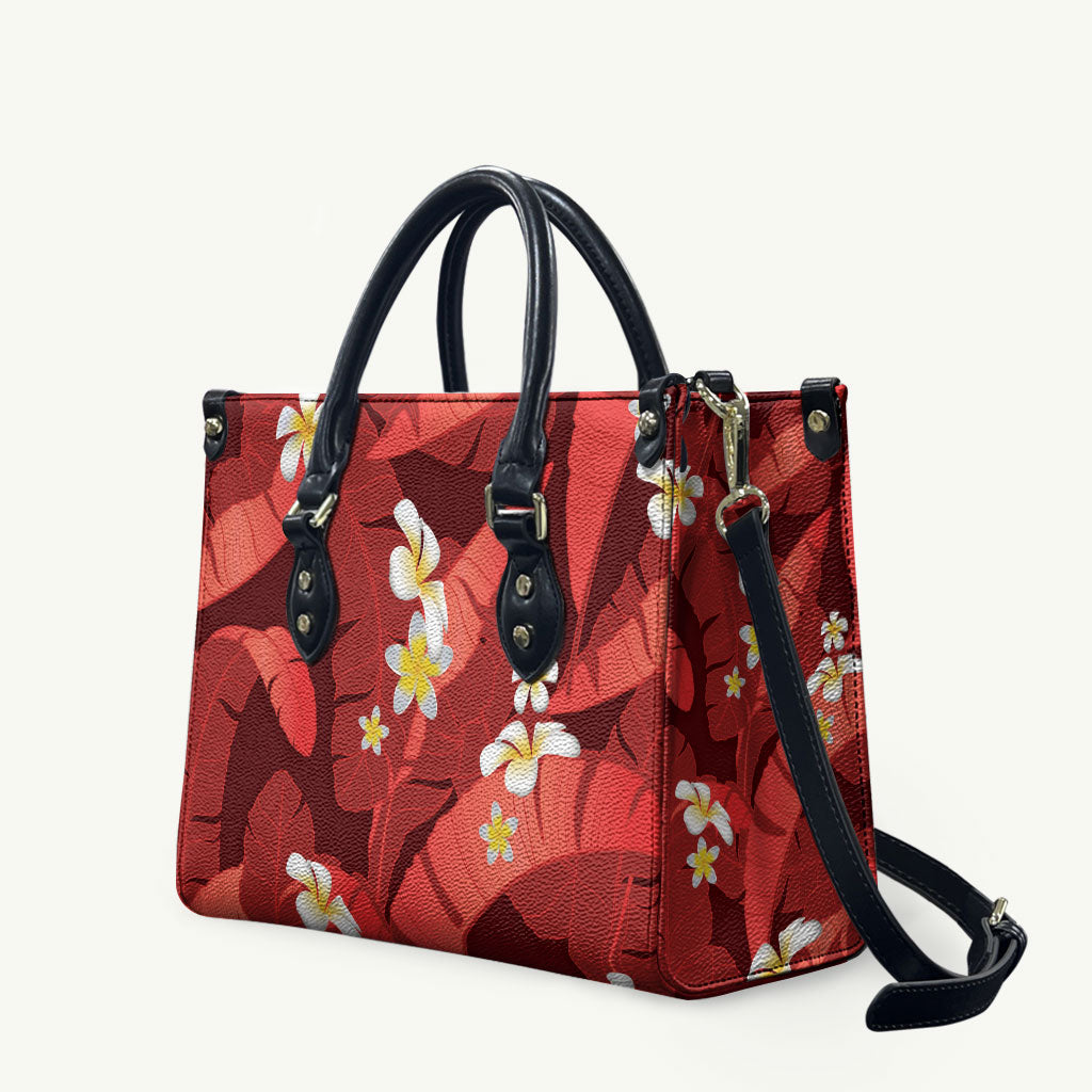Red Banana Leaf Hawaii Leather Bag Lau Maia Plumeria Tropical Summer Vibes LT14 Red - Polynesian Pride