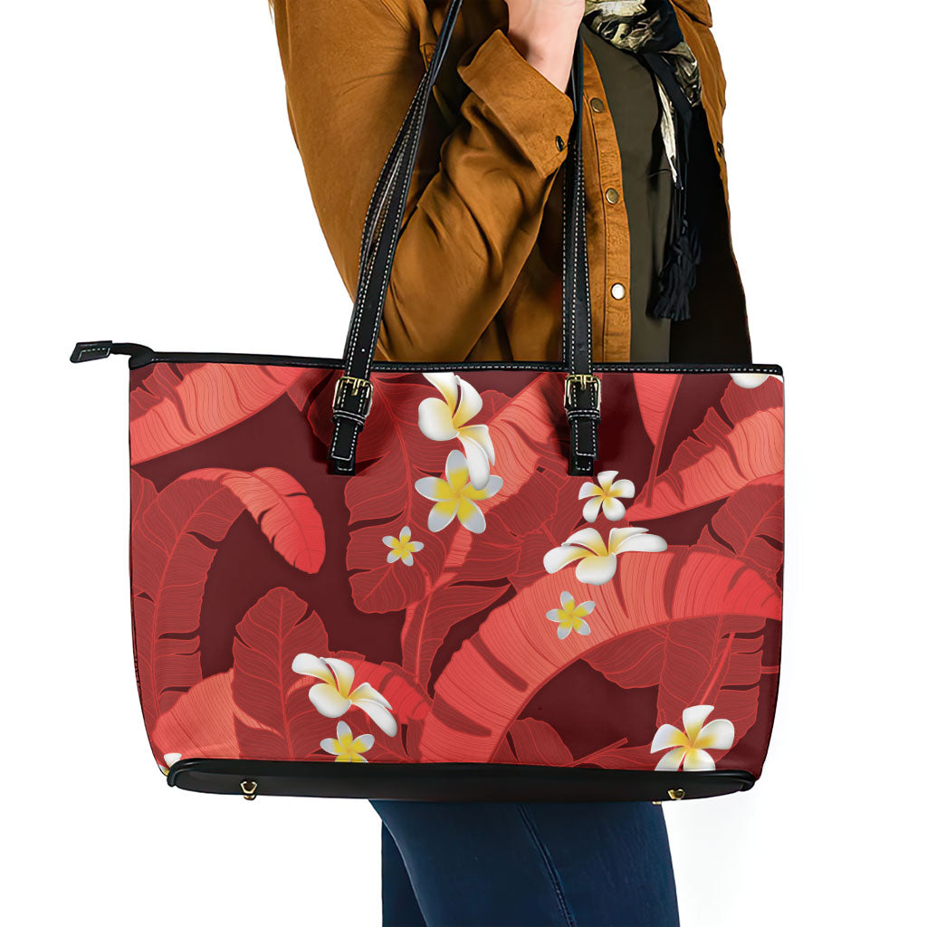 Red Banana Leaf Hawaii Leather Tote Bag Lau Maia Plumeria Tropical Summer Vibes