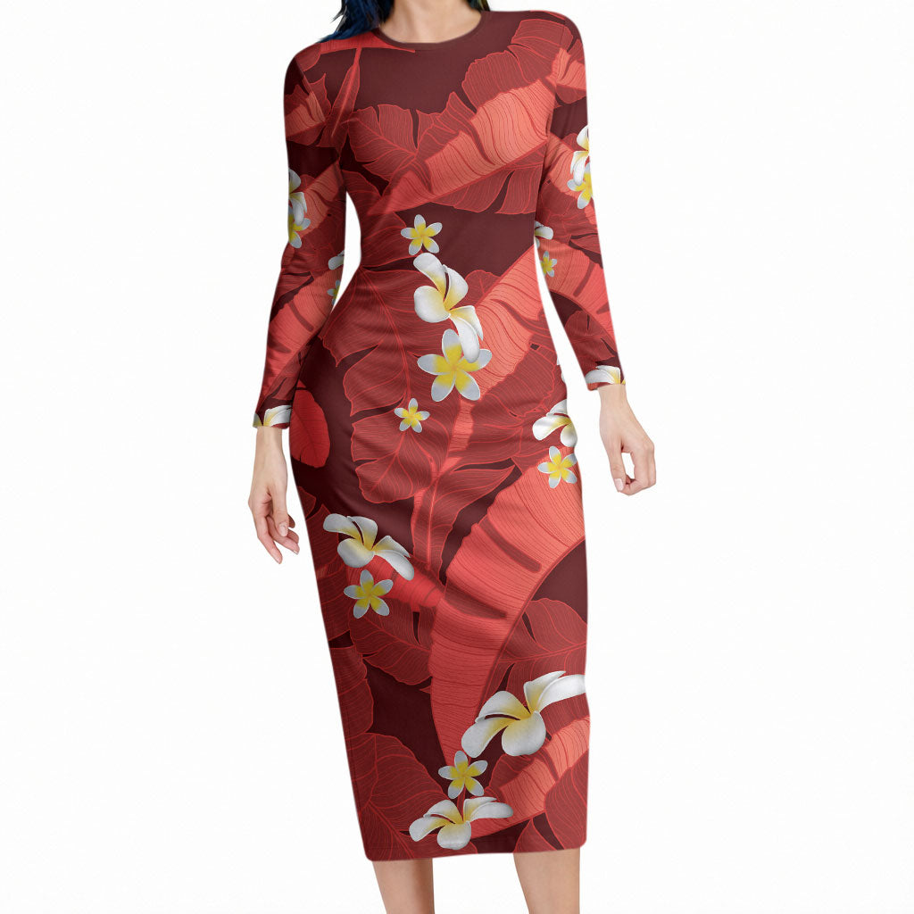 Red Banana Leaf Hawaii Long Sleeve Bodycon Dress Lau Maia Plumeria Tropical Summer Vibes