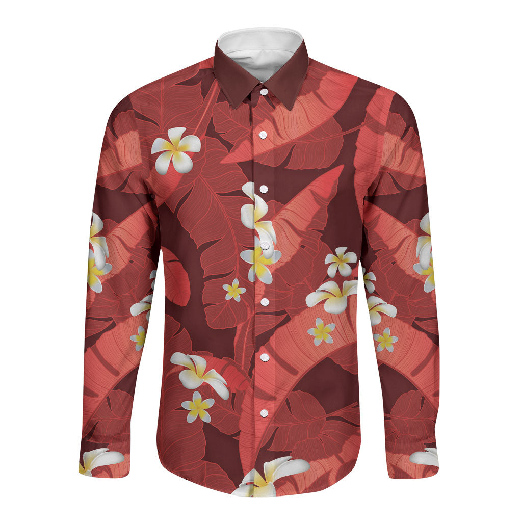 Red Banana Leaf Hawaii Long Sleeve Button Shirt Lau Maia Plumeria Tropical Summer Vibes
