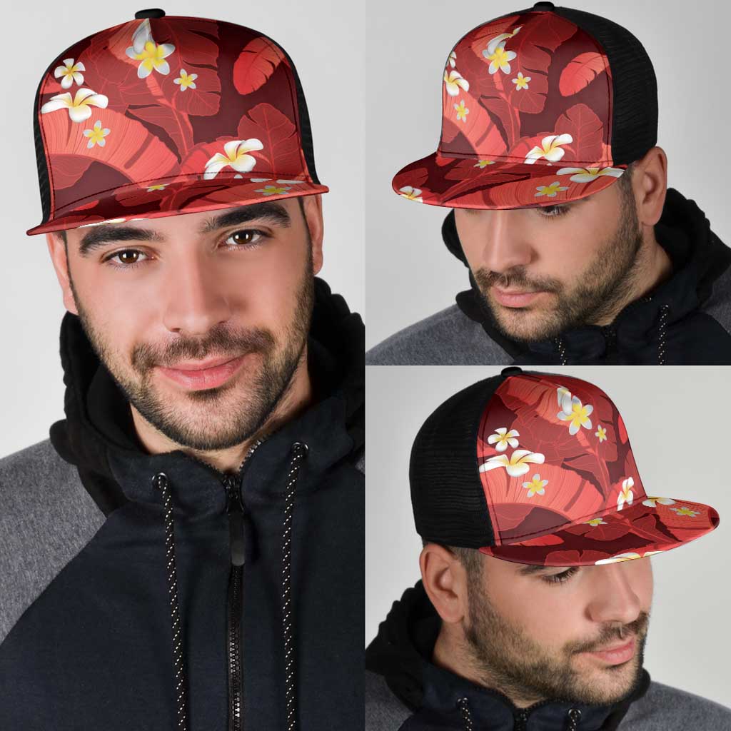 Red Banana Leaf Hawaii Mesh Trucker Cap Lau Maia Plumeria Tropical Summer Vibes