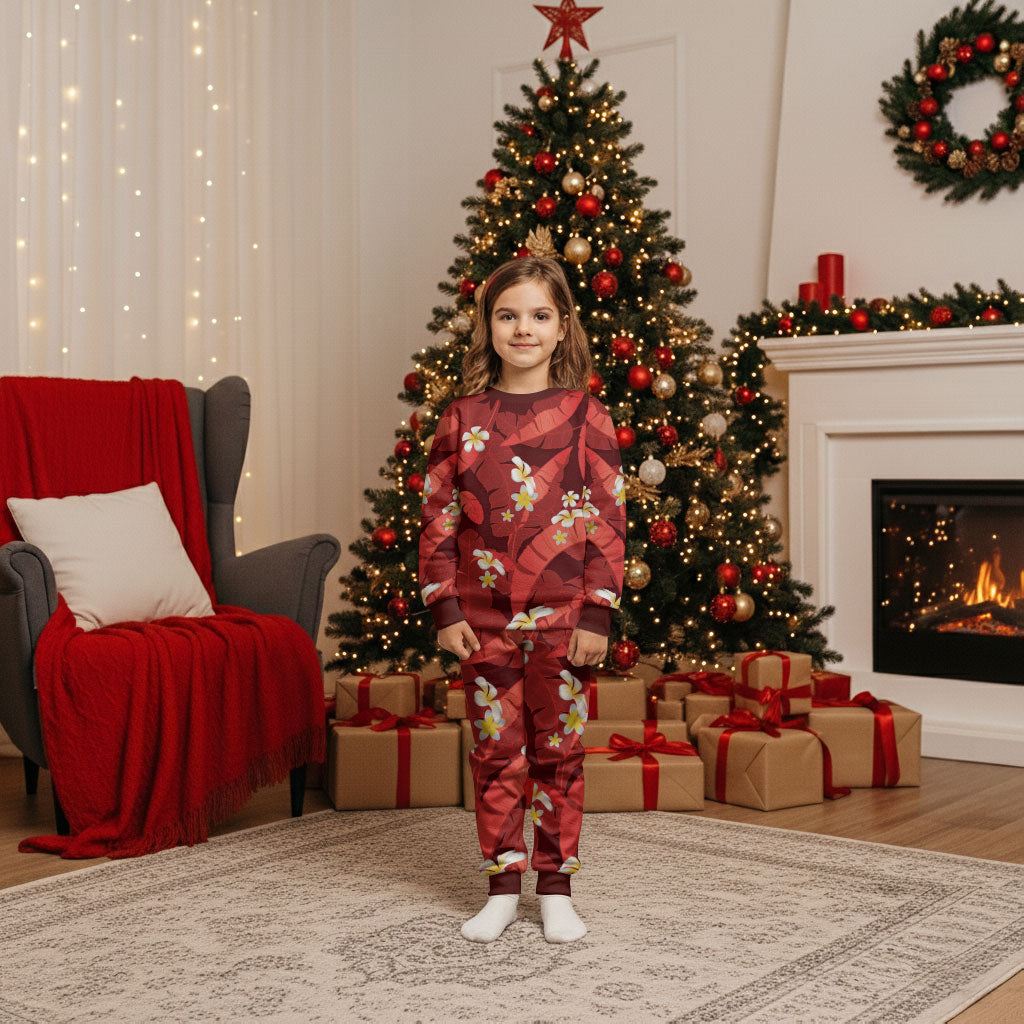 Red Banana Leaf Hawaii Christmas Pajama Set Lau Maia Plumeria Tropical Summer Vibes