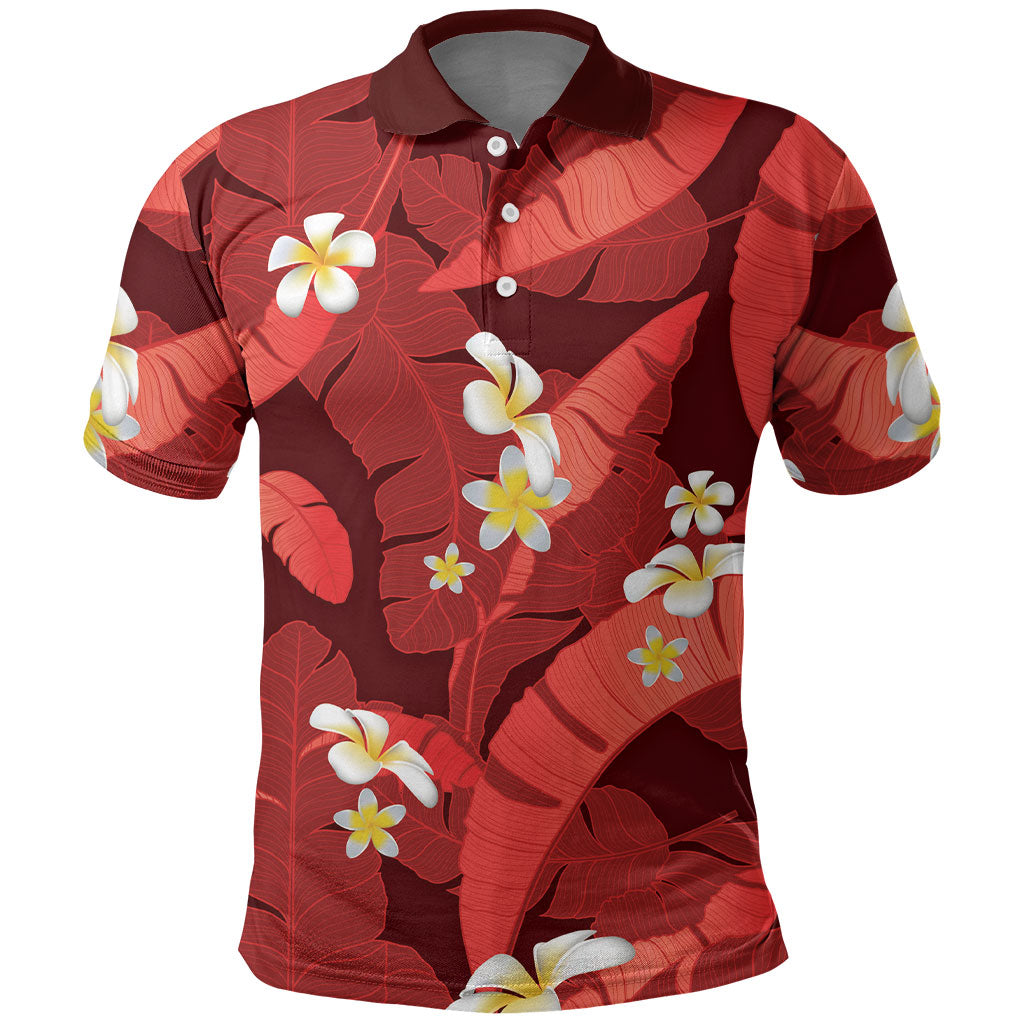 Red Banana Leaf Hawaii Polo Shirt Lau Maia Plumeria Tropical Summer Vibes