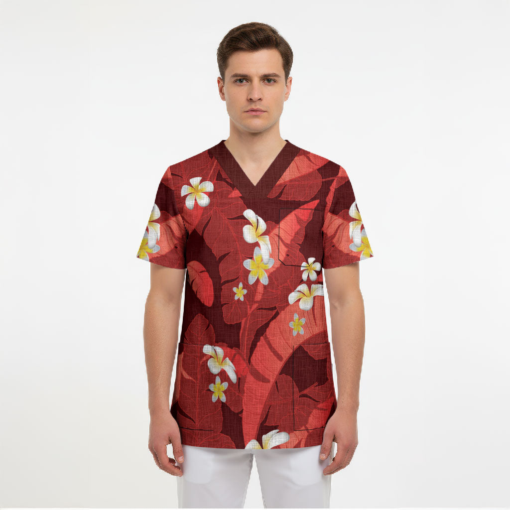 Red Banana Leaf Hawaii Scrub Top Lau Maia Plumeria Tropical Summer Vibes